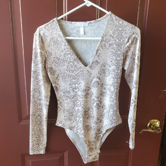 Leith Cream and Brown Patterned Snakeskin  Bodysuit - Picture 1 of 5